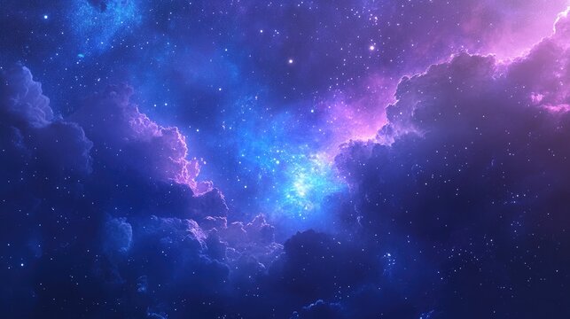 Starry night sky with clouds nebulae and galaxies A landscape showcasing a vibrant blue and purple cosmos filled with stardust and the Milky Way creating a magical cosmic backdrop