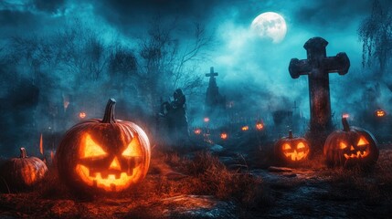 Naklejka premium Pumpkins in a Spooky Graveyard at Night Halloween Scene