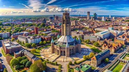 Obraz premium Panoramic Aerial View of Liverpool Metropolitan Cathedral with Stunning City Skyline in the Background Capturing Urban Exploration and Architectural Beauty