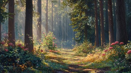 Obraz premium Soft morning light caresses a tranquil forest clearing accentuating vivid plants and creating calming shadows beneath the towering trees