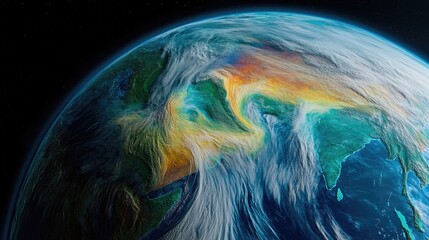 Satellite image of Earth displaying areas impacted by El Nino enhanced with visual overlays and infographics illustrating anticipated weather changes