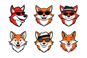 A vector set featuring six cool fox character icons wearing sunglasses, hats, and cheerful expressions for fun designs.