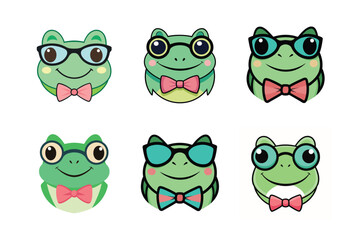 A collection of six charming frog faces featuring glasses and bows. Ideal vector illustrations for kids' projects, playful designs, and creative decor