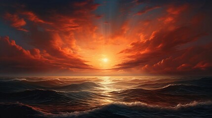 Obraz premium A dramatic sunset over turbulent ocean waves, casting vibrant colors across the sky and water.