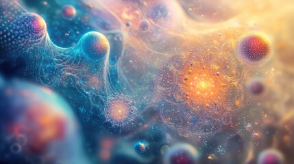 Vibrant abstract representation of microscopic cells against ethereal backgrounds highlighting the beauty of hidden life forms