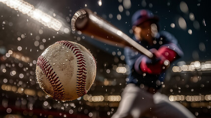 A baseball player hitting the ball with his bat in an stadium in the rain