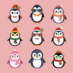 Charming set of nine adorable winter penguins in festive hats, scarves, and glasses. Perfect for holiday, Christmas, and winter-themed vector designs.