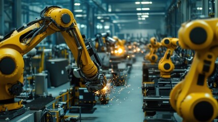 Industrial scene with robotic arms performing automated tasks in a factory setting.