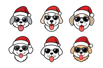 Set of Cute Dogs Wearing Santa Hats and Sunglasses - Fun Vector Illustrations for Holiday Designs