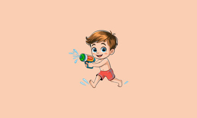 Happy boy playing with water gun, splashing in swim trunks.