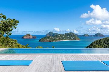 Obraz premium a serene outdoor yoga session on a hilltop with a coastal view.