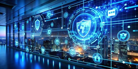 Obraz premium Panoramic View of a Virtual Screen Displaying Encrypted Data Alerts with Futuristic Elements and Digital Interfaces for Cybersecurity Concepts