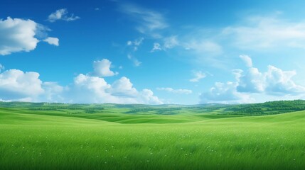 Obraz premium A serene landscape featuring lush green fields under a bright blue sky with fluffy clouds.