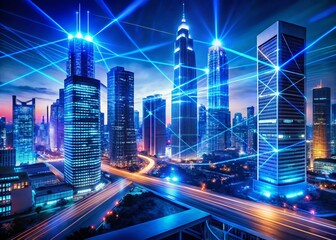 Fototapeta premium Panoramic View of Futuristic Cityscape with 3D Blue Neon Geometric Effect Overlay, Showcasing Vibrant Nightlife and Modern Architecture in a Stunning Visual Experience