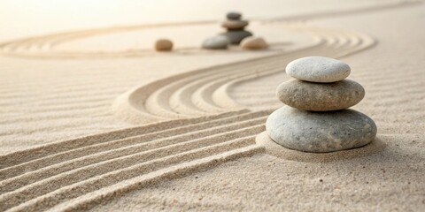 Zen stones on sand with soft lighting, creating a peaceful and meditative atmosphere, zen, stones, sand, meditation, balance