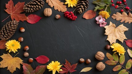 Autumn-themed flat lay composition with fall leaves, flowers, nuts, and pine cones on black background , Autumn