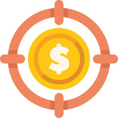 Golden coin with a dollar sign is the target of a crosshair, representing the concept of financial goals