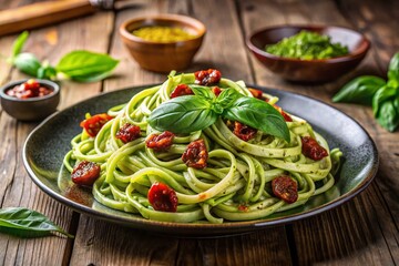 Panoramic View of Zucchini Pasta Tossed in Fresh Pesto Sauce with Sun-Dried Tomatoes, Garnished with Basil Leaves on a Rustic Wooden Table