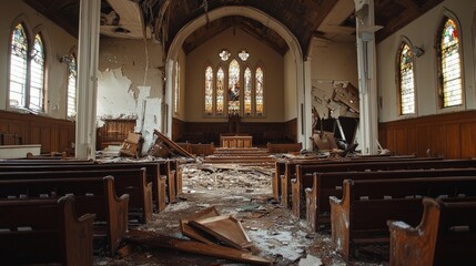 Fototapeta premium A vandalized place of worship, symbolizing the destructive impact of hate crimes
