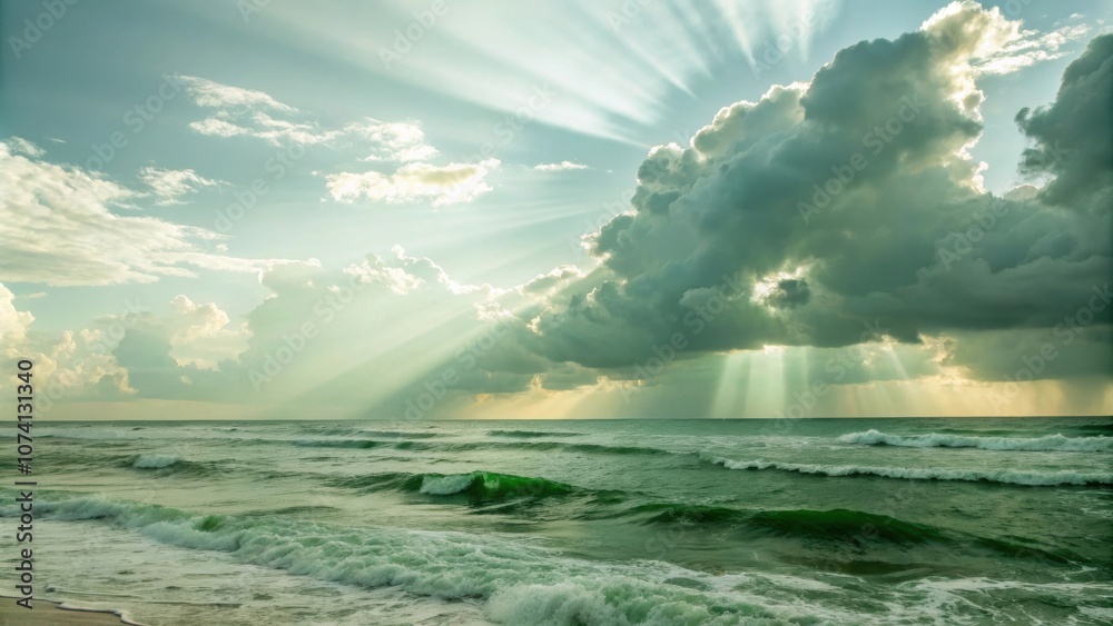 Wall mural green top right clouds and light rays abstract background with horizontal composition, green, clouds