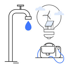 Faucet with water drop, light bulb containing wind turbine and solar panel, briefcase with charging cable. Ideal for sustainability, renewable energy, water conservation, technology, innovation