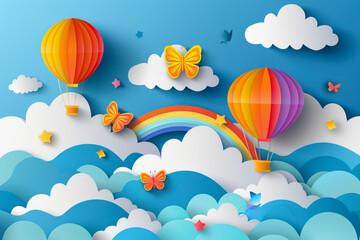 Beautiful fluffy clouds on blue sky background with summer sun