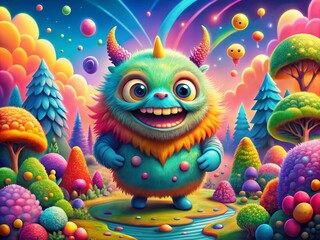 Playful and Colorful Cartoon Furry Monster Character in a Panoramic Landscape, Perfect for Illustrations of Cute and Happy Mythical Aliens for Kids&rsquo; Entertainment and Storytelling