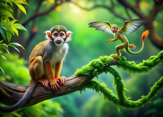 Fototapeta premium Playful Monkey Sitting on a Tree Branch in a Lush Green Forest with a Dragon Silhouette in the Background, Capturing Nature's Whimsy and Imagination in Candid Photography