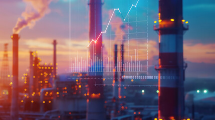 Industrial Cityscape at Sunset with Digital Overlay