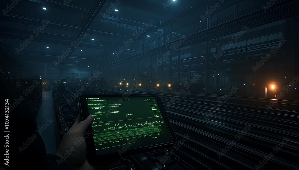 Poster a dark, high-tech environment with a person holding a glowing device, illuminated by scattered light