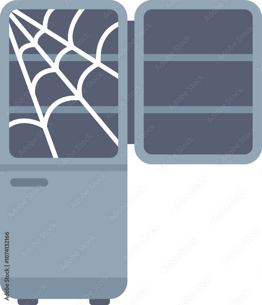 Poster old empty fridge with cobwebs inside is open showing nothing inside