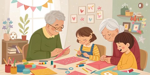 Grandparents and grandchildren enjoy quality time together, engaging in arts and crafts activities, fostering creativity and strengthening family bonds in a cozy home environment