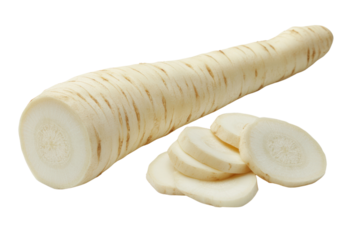 Fresh parsnip root showcasing its smooth, creamy-white skin and tapered shape, sliced into uniform pieces revealing the pale, fibrous interior