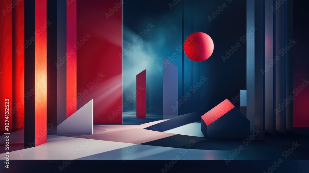 Poster a 3d abstract composition of geometric shapes in a deep, dark environment, with dramatic lighting cr