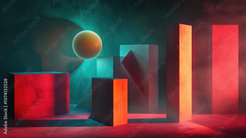 Poster a 3d abstract composition of geometric shapes in a deep, dark environment, with dramatic lighting cr
