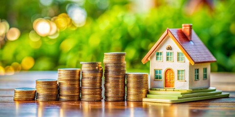 Real Estate Investment: House Bank Surrounded by Coins and Properties in Tilt-Shift Focus for Financial Growth Representation
