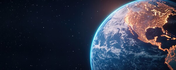 Earth seen from space, illuminated by city lights against a dark background.