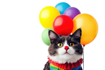 Cat dressed as a clown with a red nose and rainbow balloons, playful expression on its face.