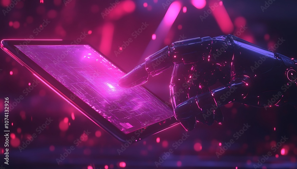 Aufkleber a futuristic, glowing hand interacts with a tablet, surrounded by luminous particles, creating a hig