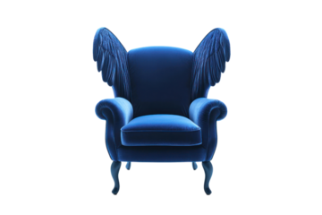 An elegant fashion chair with an oversized, plush silhouette in a vibrant royal blue velvet, showcasing dramatic wings and a low seat, perfect for a chic interior setting