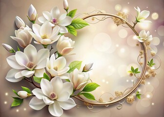 Realistic white magnolia flowers elegantly arranged in a wedding circle frame, ideal for invitations and decor, with ample copy space for personalized messages or text.