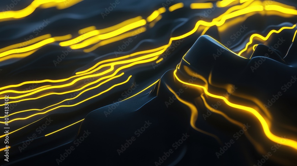 Poster a clean, modern abstract design with yellow neon lines ascending in 3d space, set against a dark dig