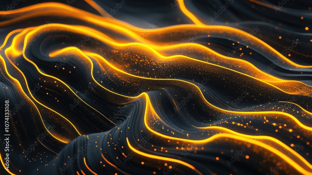 Poster a clean, modern abstract design with yellow neon lines ascending in 3d space, set against a dark dig