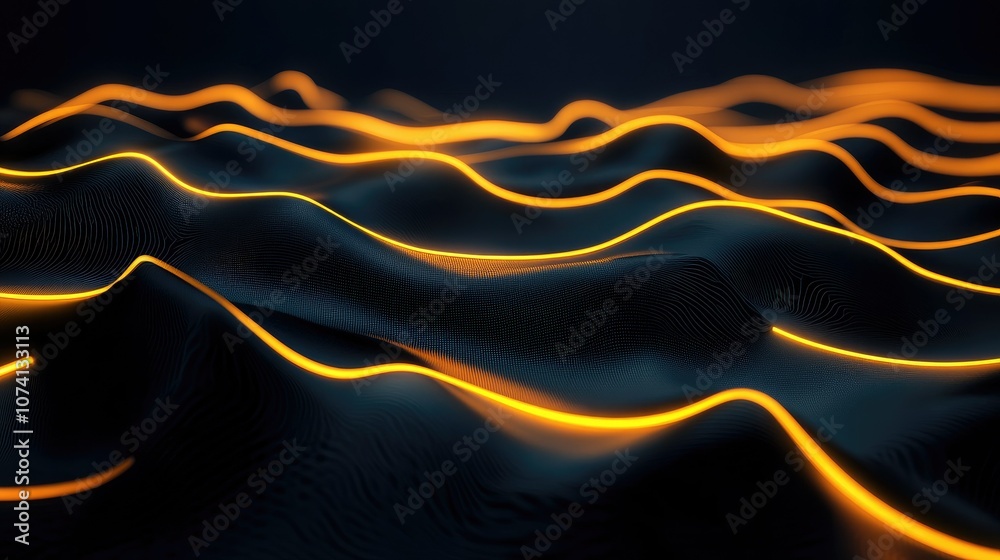 Poster a clean, modern abstract design with yellow neon lines ascending in 3d space, set against a dark dig