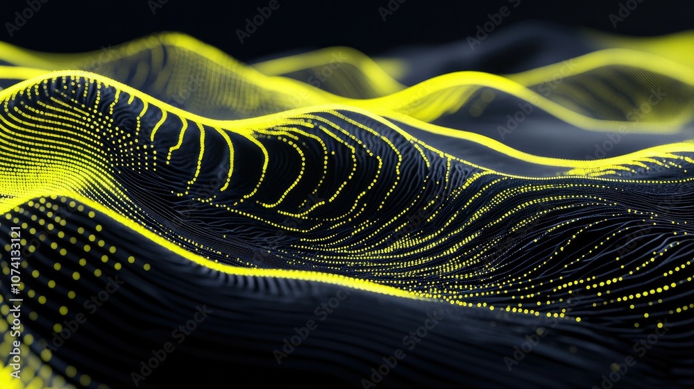 Poster a clean, modern abstract design with yellow neon lines ascending in 3d space, set against a dark dig