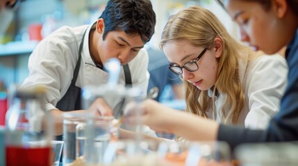 A group of students work together carefully measuring out ingredients and experimenting with different flavor combinations.