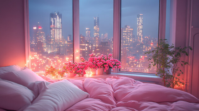 Fototapeta Modern style luxury pink master bedroom with blurry city view in the night background