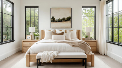 Minimalist bedroom design with wooden bed, cozy pillows, and large windows
