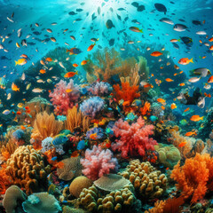 A vibrant underwater scene with colorful coral reefs teeming with life