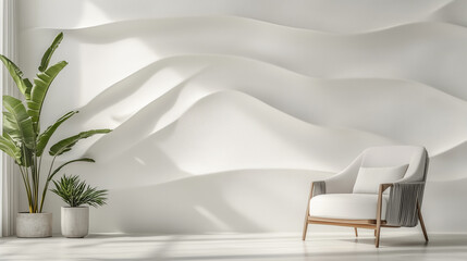 Minimalist interior with textured white wall, armchair, and green plants
